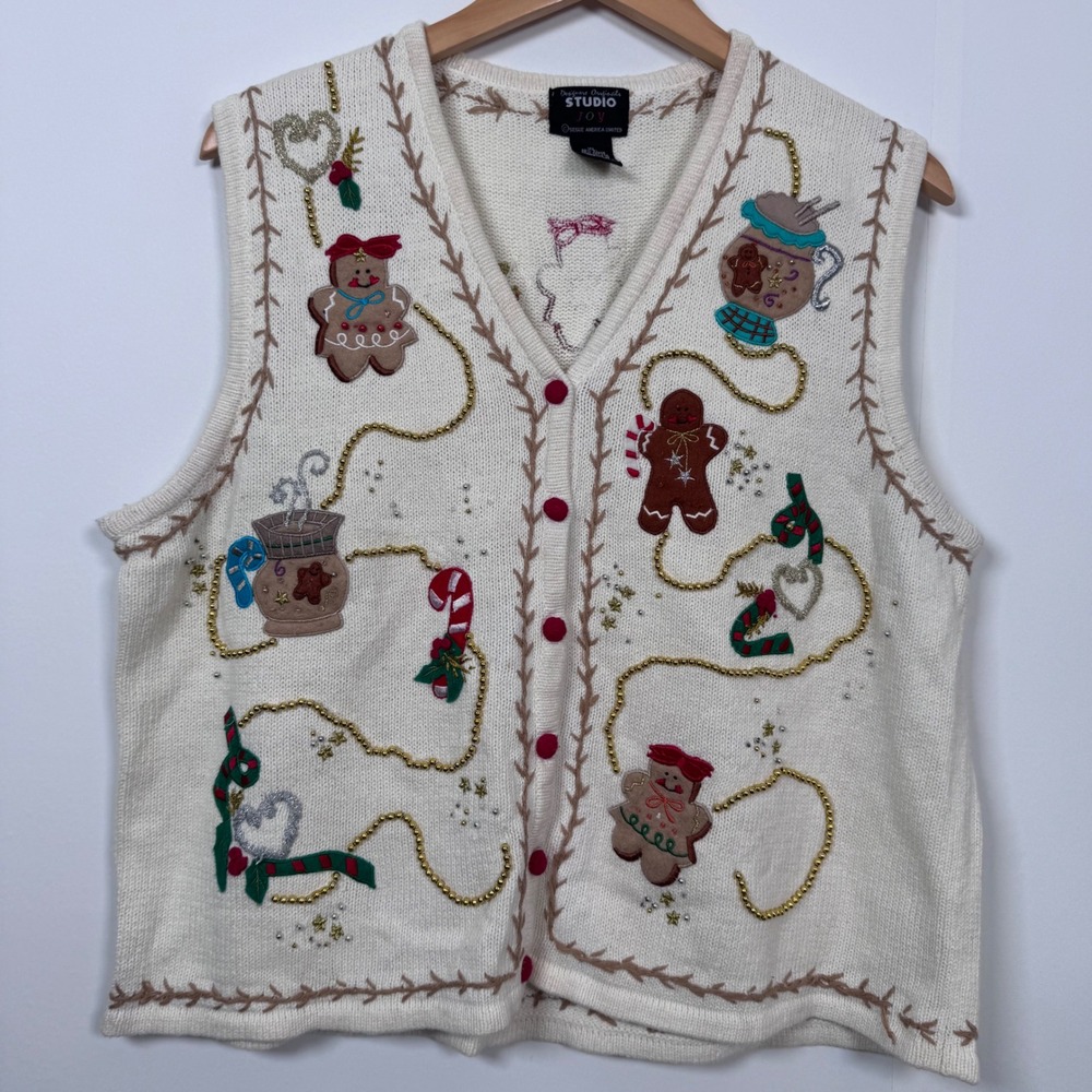 VTG Ugly Sweater Holiday Christmas Vest Gingerbread Women XL Festive Novelty 90s